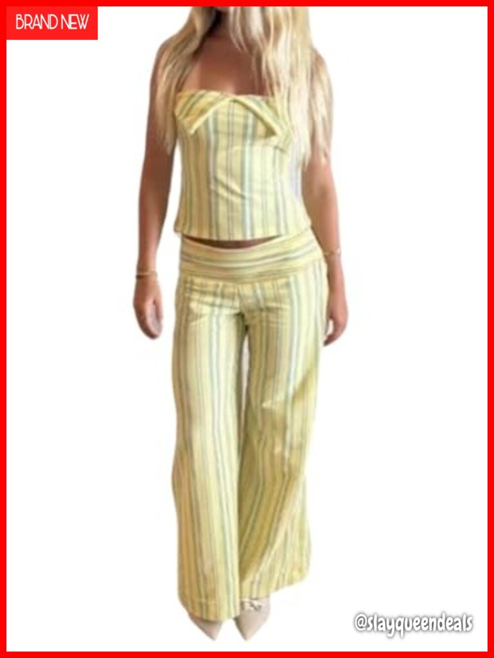 Wuitrie Womens 2 Piece Outfit Striped Sleeveless Halter Top & Pants Set Two